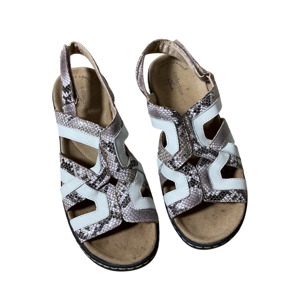 Clarks Snakeskin Wedge Sandals Womens 7 White Mauve Arla Glison Comfort Strappy